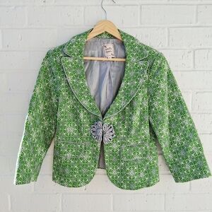 Nanette Lepore Green Embroidered Classic Retro Blazer Jacket Size 8